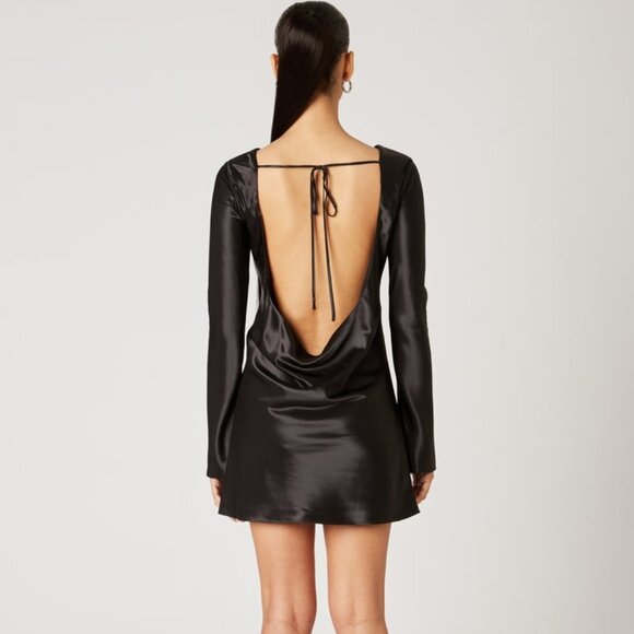 88$ NIA KIM Satin Open-Back Mini Party Dress Long Sleeves Women's Size S Black - Picture 3 of 5